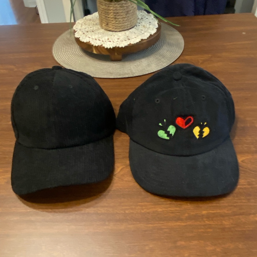 Black Caps with Heart Embroidery, plain black, corduroy